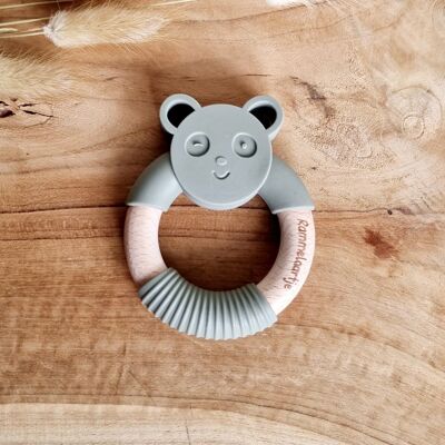 Silicone teether Panda bear with wooden ring - Army