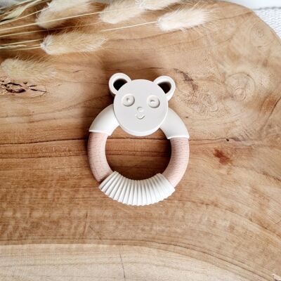 Silicone teether Panda bear with wooden ring - Beige