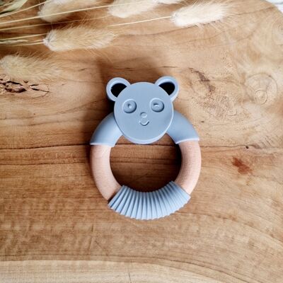 Silicone Teether Panda Bear with Wooden Ring - Gray Blue