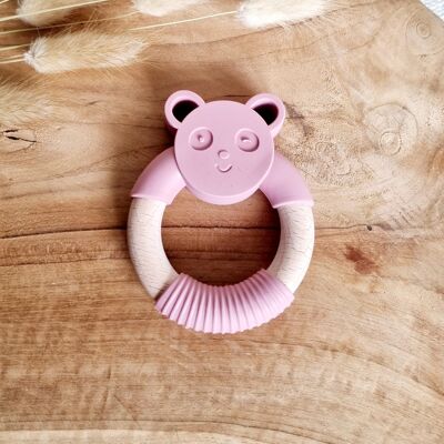 Anneau de dentition en silicone Panda Bear avec anneau en bois - Rose poudré