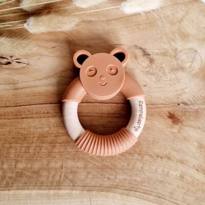 Siliconen bijtring Pandabeer met houten ring - Roest