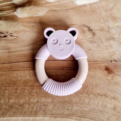 Silicone Teether Panda Bear with Wooden Ring - Soft Pink