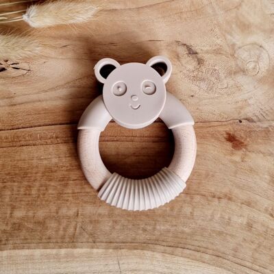 Silicone Teether Panda Bear with Wooden Ring - Sand
