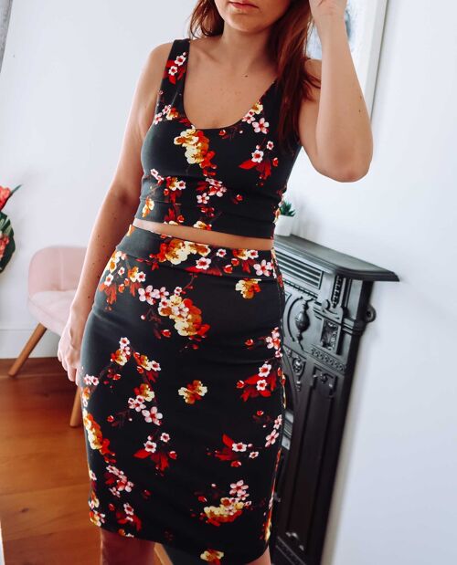 Black & Red Floral Jersey Skirt