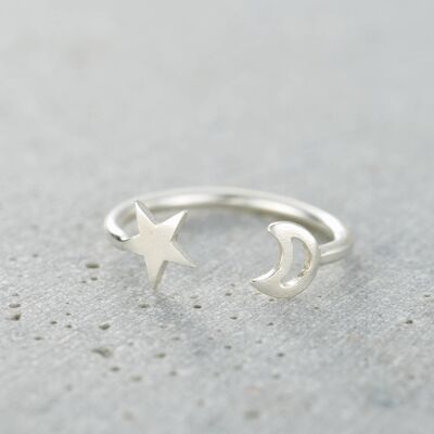 Silver Moon And Star Open Ring