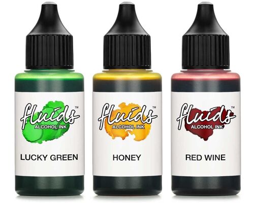 3x 30ml Alcohol Ink Set LUCKY GREEN, HONEY, RED WINE