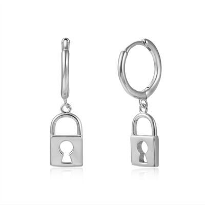 Hoop earrings - 10+11mm hoop - padlock - rhodium silver