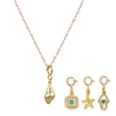 Pink enamel necklace - multi pendant - 38+4cm - gold plated