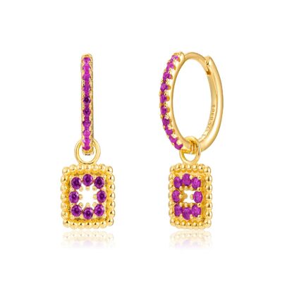 Square earrings - ruby zirconia - 13+8mm - gold plated