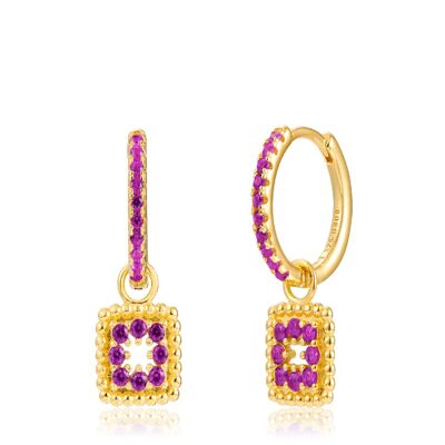 Square earrings - ruby zirconia - 13+8mm - gold plated
