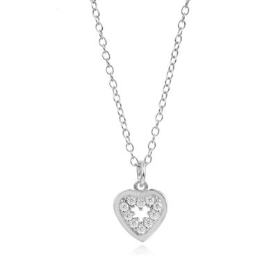 Heart necklace - white zirconia - 38+4 mm - rhodium silver
