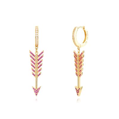 Arrow hoop earrings - 13+27 mm - ruby zirconia - gold plated