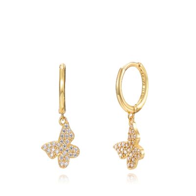 Butterfly hoop earrings - 11+10 mm - white zirconia - gold plated