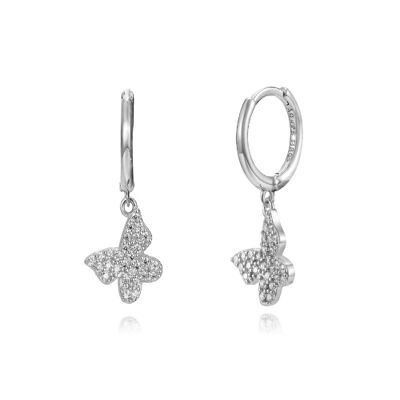 Butterfly hoop earrings - 11+10 mm - white zirconia - rhodium silver