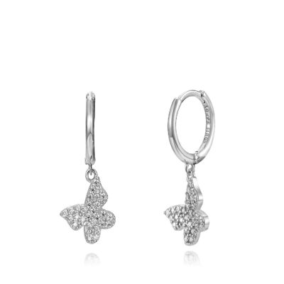 Butterfly hoop earrings - 11+10 mm - white zirconia - rhodium silver
