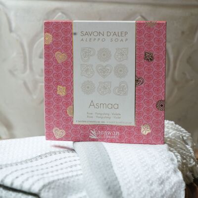 SAPONI DI ALEPPO PROFUMO FLOREALE - SCATOLE ORO CALDO - ASMAA - CONFEZIONE REGALO - 9x10G