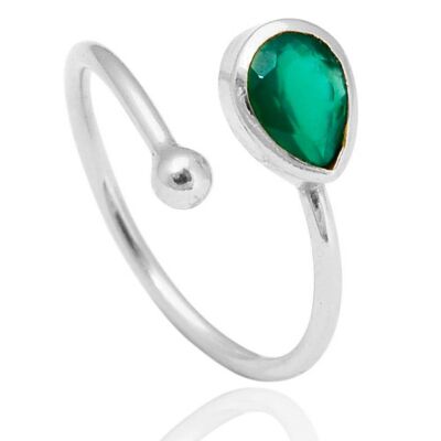 Mineral ring - tear - rhodium silver - 14 - green onyx