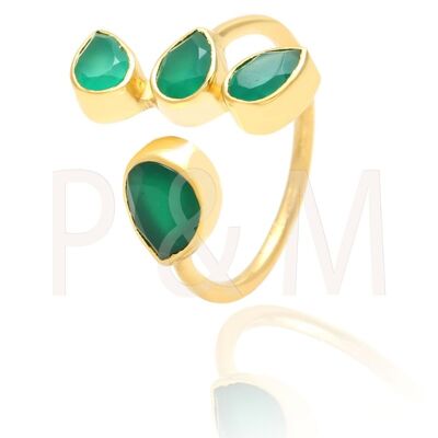 Anillo mineral - lagrima - 12 - onix verde - plata chapado oro