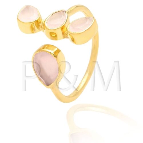 Anillo mineral - lagrima - 16 - cuarzo rosa - plata chapado oro