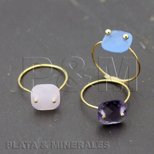 Anillo mineral - 16 - plata chapado oro - calcedonia azul