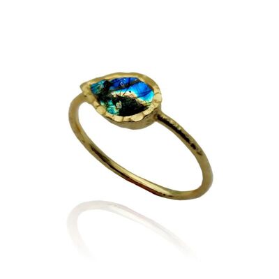 Mineral ring - teardrop - 16 - labradorite - gold plated silver
