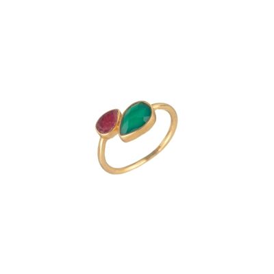 Mineral ring - teardrop - 12 - gold plated silver - green onyx and ruby
