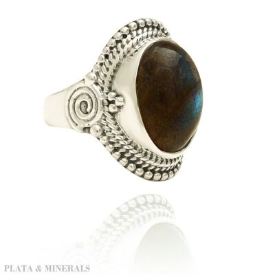 Mineral ring - 12*16mm - 12 - rhodium silver - labradorite