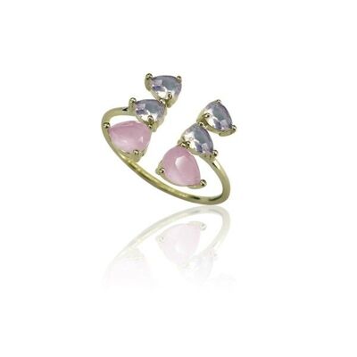 Anillo mineral - 14 - cuarzo rosa - plata chapado oro