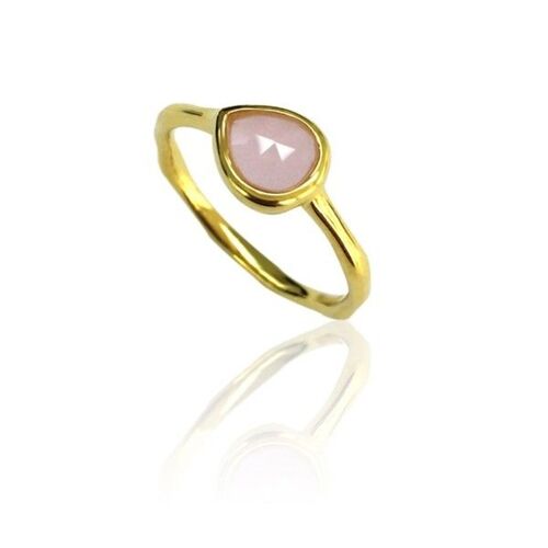 Anillo mineral - lágrima 7*8 - 14 - cuarzo rosa - plata chapado oro