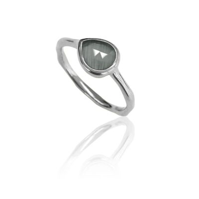Mineral ring - teardrop 7*8 - rhodium plated silver - cat's eye