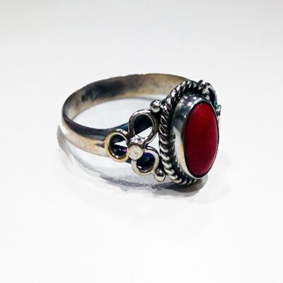 Mineral ring - oval 5*7mm - coral - t12 - silver