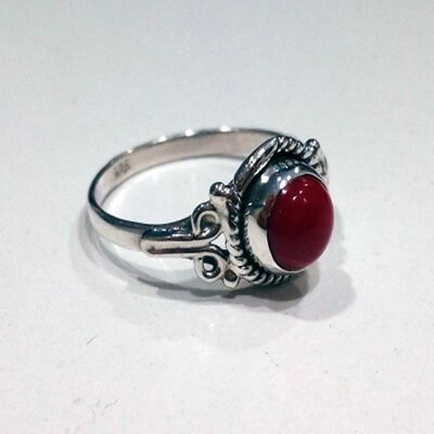 Anillo mineral redondo - 6mm - coral - t14 - plata