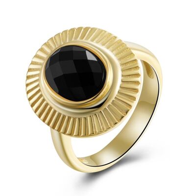 Anillo mineral lagrima - chapado oro - ovalo negro