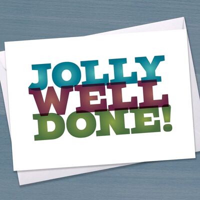 Tarjeta de felicitaciones - "Jolly Well Done", Tarjeta de graduación, Bien hecho en sus exámenes, Tarjeta de prueba de manejo, GCSE, A-Level, Tipográfico