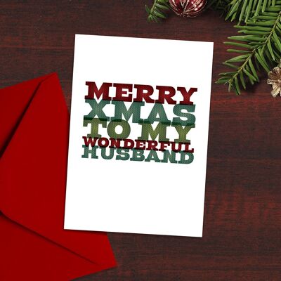 Cartolina di Natale "Buon Natale al mio meraviglioso marito" Tipografia, Maglione di Natale, Design moderno, Cartoline di Natale tipografiche