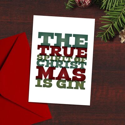 Cartolina di Natale divertente per amante del gin "The True Spirit of Christmas is Gin", cartolina di Natale maleducata, tipografia, maglione di Natale, design moderno,