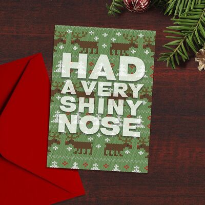 Lustige Weihnachtskarte, hatte eine sehr glänzende Nase, Rudolph das Rentier mit der roten Nase, Liedtexte, Weihnachtspullover, typografische Weihnachtskarten