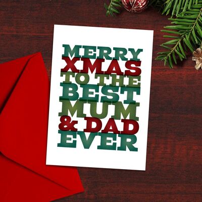 Feliz Navidad a la mejor mamá y papá, tarjeta de Navidad, tipografía, puente de Navidad, padres de tarjetas de Navidad, tarjetas de Navidad tipográficas