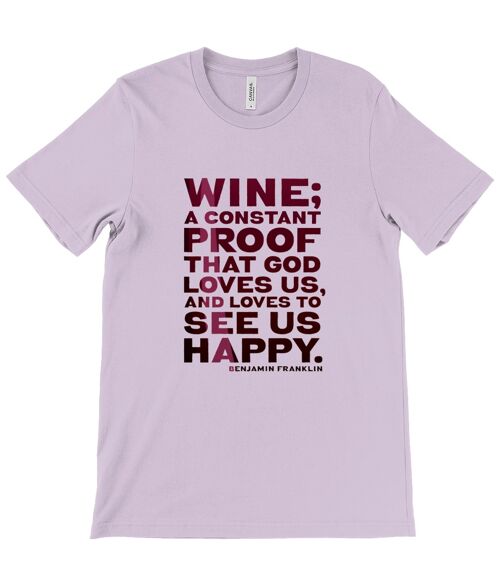 Canvas Unisex Crew Neck T-Shirt - Wine is constant proof that God loves us and likes to see us happy - Benjamin Franklin (RED) - Heather Prism Lilac
