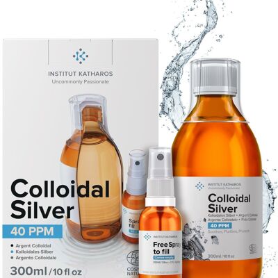 Plata Coloidal Calidad Superior Botella 300 ml (EMBALAJE EN INGLÉS) 40 PPM con spray gratis para llenar - 100% Natural, Certificado Ecocert Cosmos Natural