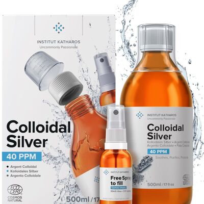 Plata Coloidal Calidad Superior Botella 500ml 40 PPM (EMBALAJE EN INGLÉS) con Spray Gratis para Rellenar - 100% Natural, Certificado Ecocert Cosmos Natural