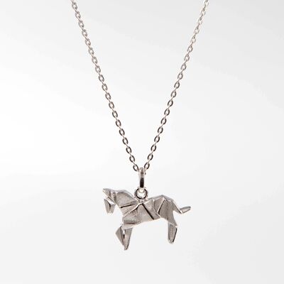 Rhodium silver origami horse necklace