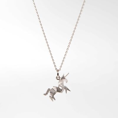 Rhodium silver origami unicorn necklace