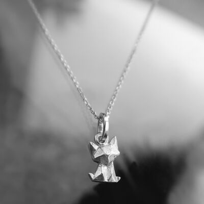 Rhodium silver mini origami cat necklace
