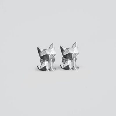 Rhodium silver origami cat earrings