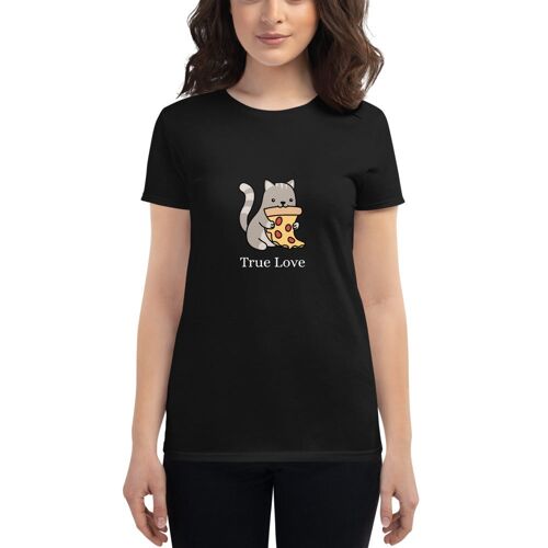 "Cat & Pizza True Love" T-Shirt für Damen - Schwarz