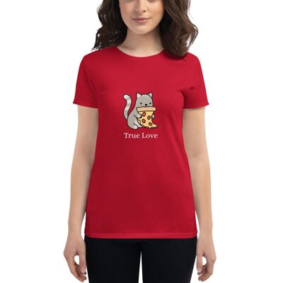 "Cat & Pizza True Love" T-Shirt für Damen - Rot 2XL