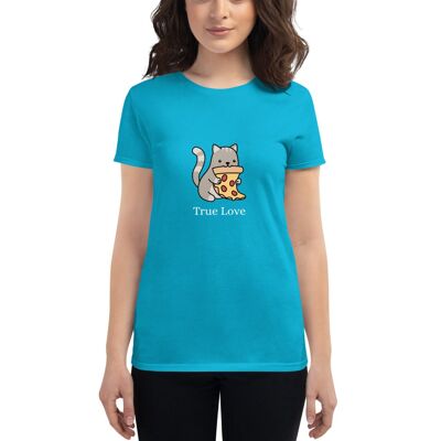 Women's "Cat & Pizza True Love" T-Shirt - Caribbean Blue