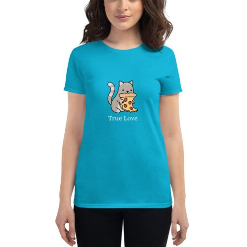 "Cat & Pizza True Love" T-Shirt für Damen - Karibikblau 2XL