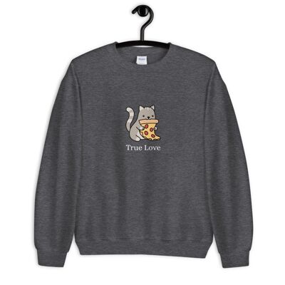 "Cat & Pizza True Love" Pullover - Dunkles Heather 2XL